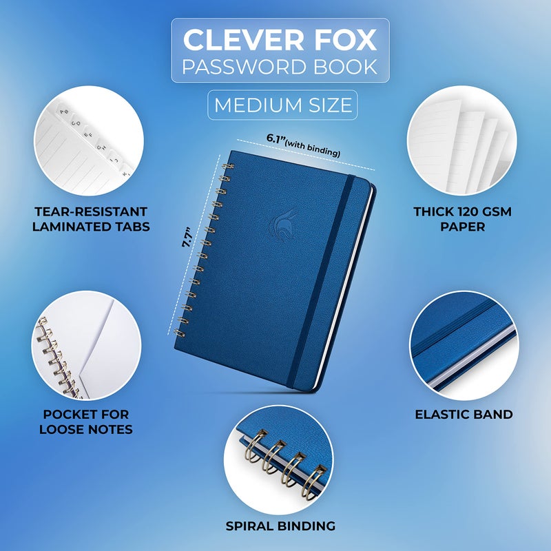 Clever Fox Password Book Spiral - Internet Address & Password Organizer with Laminated Alphabetical Tabs - Password Keeper Journal - Hardcover  Medium Size  6.1x7.7  (Mystic Blue) - Image 2